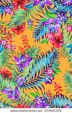seamless colorful tropical pattern. Exotic flowers: hibiscus, heliconia, orchid, adenium, lily and tropical palm leaves in a beautiful allover design for fashion.