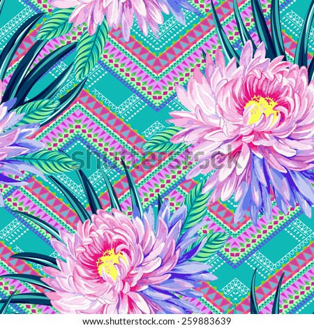 seamless vector aztec tribal print with exotic flowers. Neo-tribal trendy design with oriental chrysanthemum flowers and palm and ficus leaves.