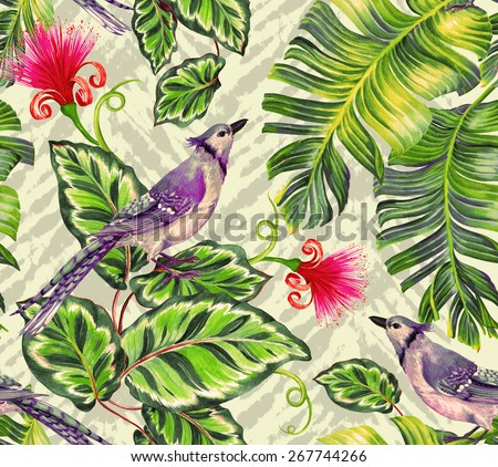 seamless birds pattern. blue jay bird, banana leaves, calathea ficus, and exotic flower in textile allover design. textured tie dye background. detailed botanical illustrations.