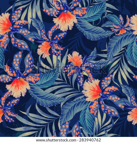 Seamless  tropical pattern with double exposure effect. exotic lilies, orchids and palms in vintage style illustration, overlapping and creating silhouettes and shadows. stylish fashion pattern.