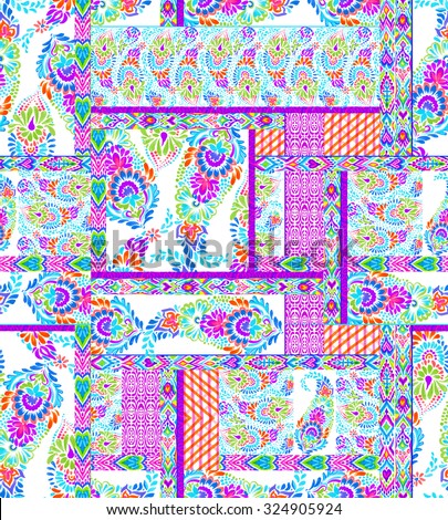seamless bohemian paisley pattern, patches. Different textures of ornaments, flowers, lace, macrame, paisleys in a beautiful ethnic textile composition. Very colorful, trendy for fashion, interior.