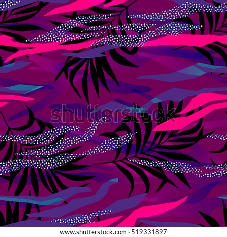 seamless tropical pattern in abstract memphis style. abstract geometric shapes and patterns with palm leaves