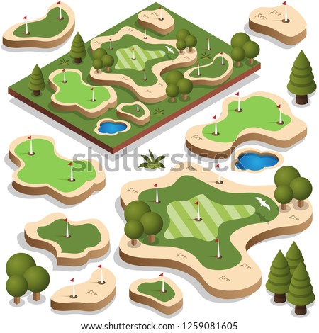 Set of elements for a golf course. Isometric. Vector illustration.