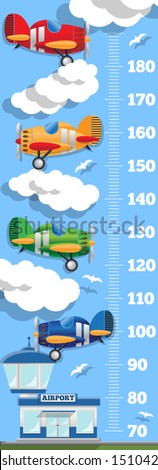 Meter wall with airport and airplanes. Side view. Vector illustration.