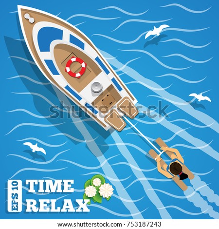 Girl water skiing. View from above. Vector illustration.