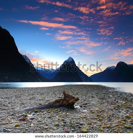 Sunset view at Mitre Peak, Milford Sound, New Zealand
