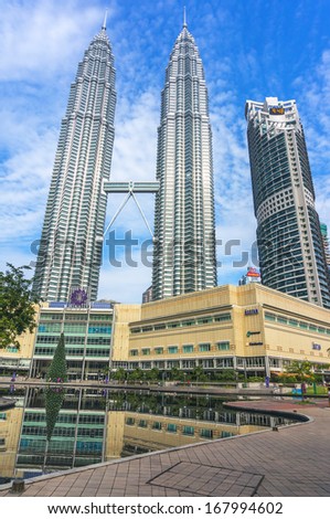 KUALA LUMPUR, MALAYSIA - 16 December 2013 - The reflection of double decker skybridge linking Tower 1 and Tower 2 of the Petronas Twin Towers. It is the highest 2-story bridge in the world
