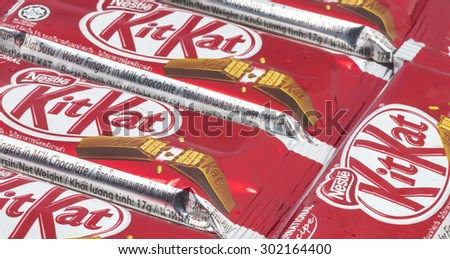 KUALA LUMPUR MALAYSIA, AUGUST 02, 2015 : Kit Kat is a chocolate covered wafer bar created in 1911 by Rowntree\'s of York, England. Nestle which acquired Rowntree in 1988 now sells Kit Kat globally.