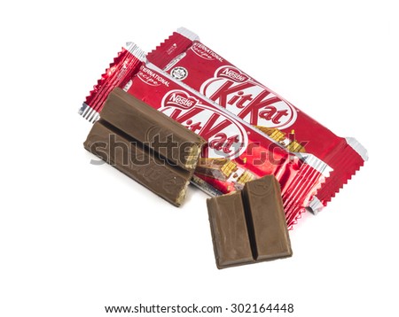 KUALA LUMPUR MALAYSIA, AUGUST 02, 2015 : Kit Kat is a chocolate covered wafer bar created in 1911 by Rowntree's of York, England. Nestle which acquired Rowntree in 1988 now sells Kit Kat globally.