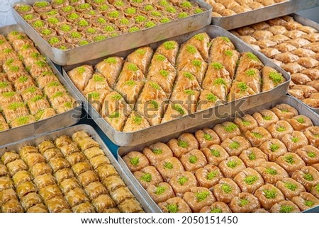 Baklava shop.Traditional array baklava in turkish dessert shop. Mixed tray baklava, turkish baklava, turkish culture. 
