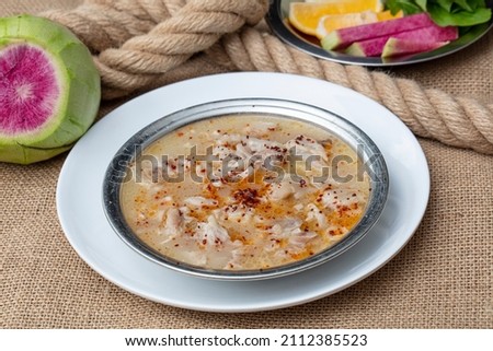 Traditional Turkish Cuisine Paca Soup; Decent trotter soup (Seasoned leg soup ) and offal soup.  Stock fotó © 