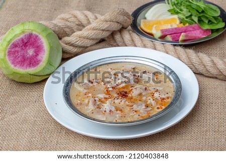 Traditional Turkish Cuisine Paca Soup; Decent trotter soup (Seasoned leg soup ) and offal soup. Stock fotó © 
