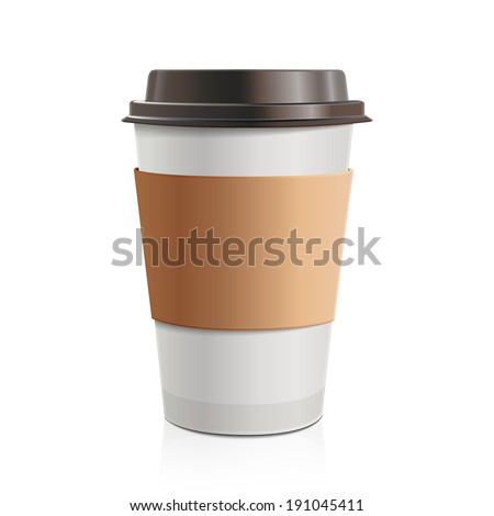 Close up take-out coffee with brown cap and cup holder. Isolated on white background. Vector Illustration.