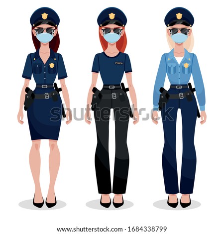 Set of three police women in different uniform. Young police officer in blue medical face mask. Women's profession.