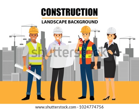 Business Engineer and worker  teamwork ,Building under Construction site background ,infographics Construction , Vector illustration cartoon character design.