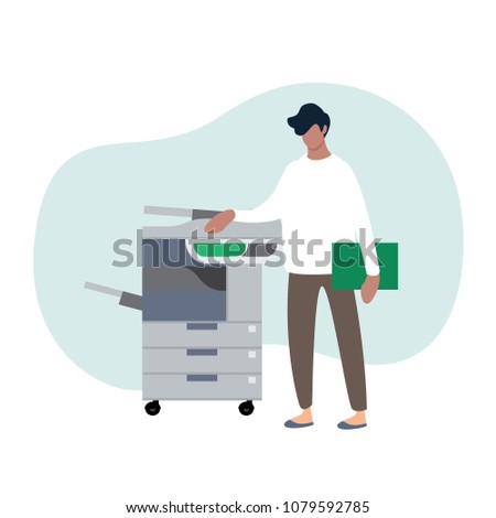 Young secretary making photocopies on xerox machine in office.Vector illustration cartoon character