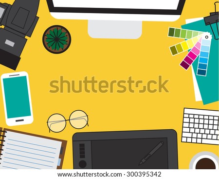 Set of Flat vector design illustration of modern business office and workspace. Top view of desk background with laptop, digital devices, office objects ,Graphic design, web creation, online business