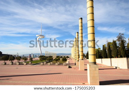 BARCELONA, SPAIN - DEC 30: Telephone poles on the mountain of Montjuic.construction on the tower began in 1989 and was completed in 1992. Barcelona. The 136 m (446 ft)  December 30, 2013