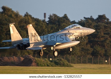 RAF LAKENHEATH, SUFFOLK, UK - SEPTEMBER 4: 493rd Fighter Squadron F-15C Eagle 86-0174 landing on September 4, 2012 at RAF Lakenheath, Suffolk, UK.