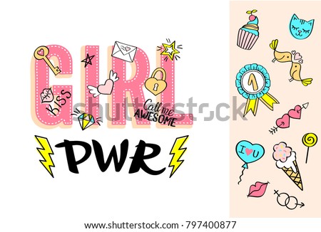 Girl Power Lettering With Girly Doodles And Hand Drawn Phrases For Valentines Day Card Design