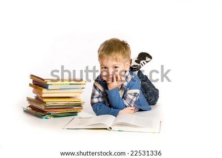 boy reading book; isolated on white