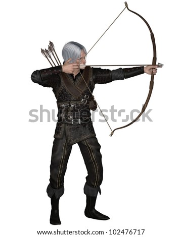 Old Mediaeval Or Fantasy Archer With Drawn Bow And Arrow Wearing ...
