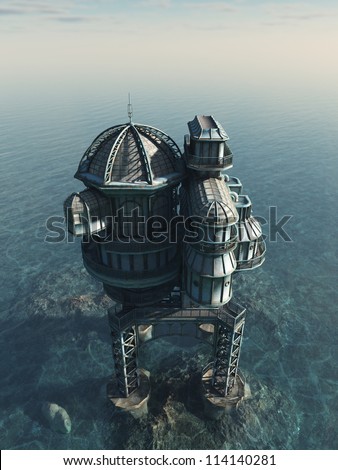 Futuristic Science Fiction Or Steampunk House Built On An Artificial ...