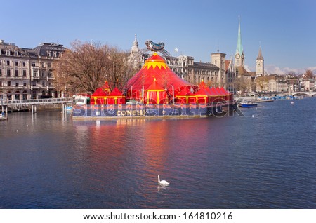 Zurich, Switzerland - November 26, 2013: Circus Conelli on the artificial island Bauschaenzli, Limmat river. The Circus performs there its \