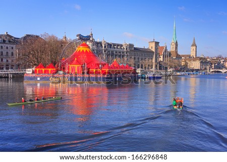 ZURICH, SWITZERLAND - December 1, 2013: Circus Conelli on the artificial island Bauschaenzli, Limmat river. The circus performs there its \
