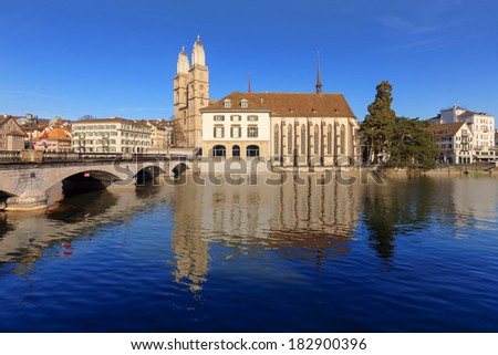 Zurich, Switzerland - the Water Church and the Great Minster Cathedral. High dynamic range (HDR) with tone mapping.