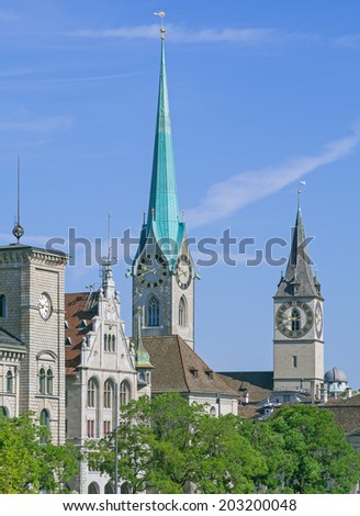 Zurich landmarks: the City Hall (German: Stadthaus), the St. Peter Church, the Lady Minster (German: Fraumunster).