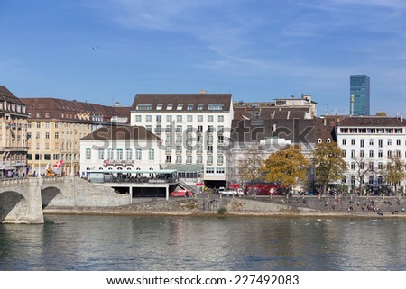 Basel, Switzerland - 31 October, 2014: view across the Rhine river. Basel is Switzerland\'s third most populous city behind Zurich and Geneva, located where the Swiss, French and German borders meet.