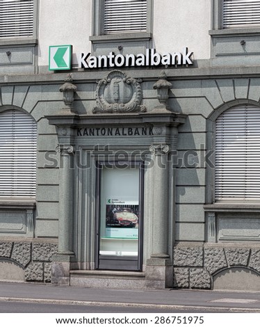 Rapperswil, Switzerland - 12 June, 2015: St. Gallen cantonal bank office. Cantonal banks (German: Kantonalbank) are Swiss government-owned commercial banks.