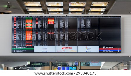 Kloten, Switzerland - 4 July, 2015: arrival/departure board in the Zurich Kloten Airport, also known as Zurich Airport. Zurich Kloten Airport is the largest international airport of Switzerland.