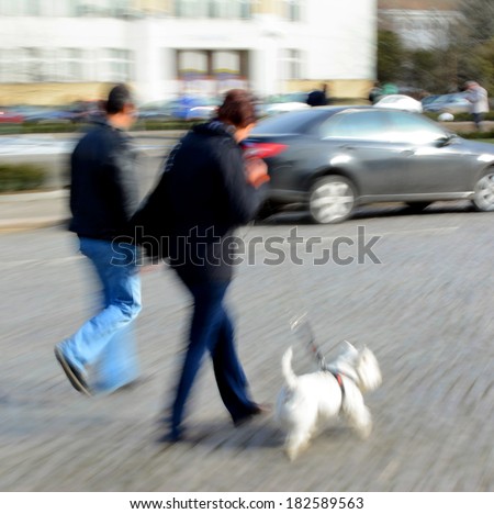 Woman walking with a dog in motion blur