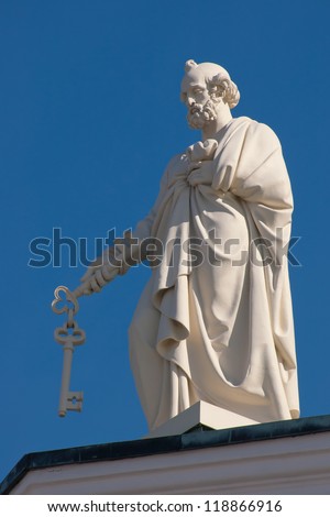 Peter the Apostle. One of the statues of the Twelve Apostles at the apexes and corners of the roof line of Helsinki Cathedral, Finland.