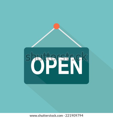 Vector open door sign. Label with text in flat style. Vector illustration