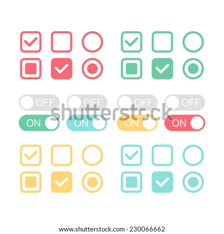 Flat web design elements. On and off position. Check mark. Template for app and website. Vector illustration