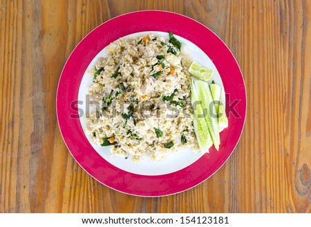 top view Fried rice thai food on wood backgrounds