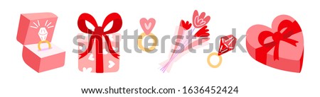 Set of vector illustrations of funny valentines day characters. A gift with a bow, a diamond ring, a bouquet of flowers, a box of chocolates in the form of a heart. Funny set of stickers or icons