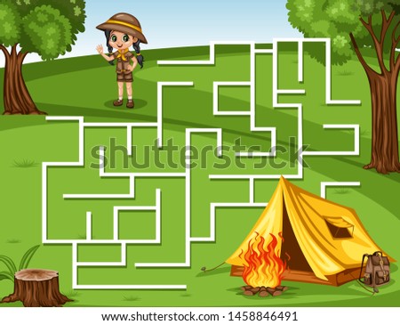 Maze Game Help the Little Girl Scout to Rich the Camping Tent, Backpack and Campfire. Vector Illustration Activity Game for Kids. Labyrinth Vector Cartoon Game