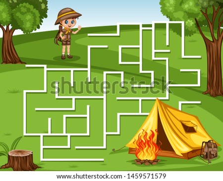 Maze Game Help the Little Girl Scout to Rich the Camping Tent, Backpack and Campfire. Vector Illustration Activity Game for Kids. Labyrinth Vector Cartoon Game