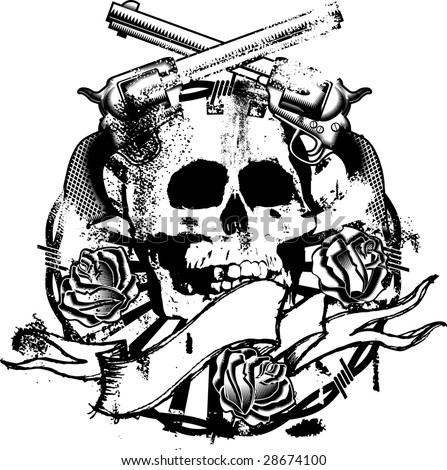 Skull Emblem Whit Guns, Roses And Ribbon Stock Vector Illustration ...