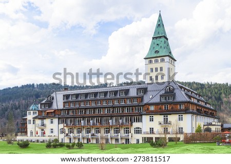 Klais, Germany - April 26, 2015: The meeting of leaders from the world top economic powers Summit G8 will be held in the summer of 2015 at Schloss Elmau, near the ski resort of Garmisch-Partenkirchen.