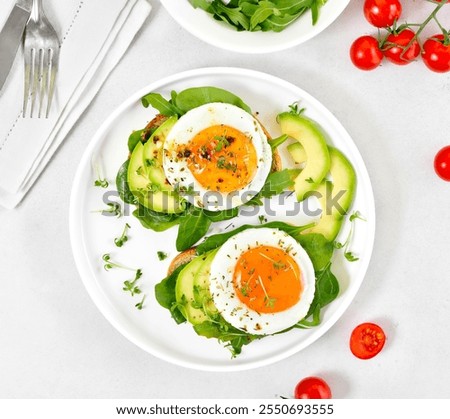 Similar – Image, Stock Photo Fried eggs with green asparagus. Fast lunch ideas, healthy breakfast, summer food.