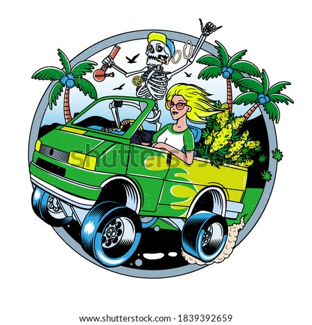 Skeleton with Jamb and Blondie Girl driving Van with Cannabis Bushes. Poster or T-shirt Designs. Vector Illustration.