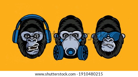 Three wise gorillas with respirator, glasses, headphones. Also called the Three Mystic Apes. Sees no evil, hears no evil, speaks no evil. 