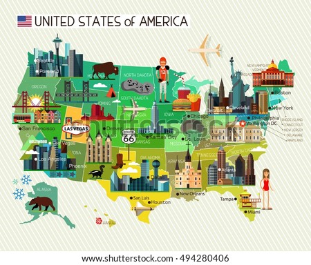 Map of the United States of America and Travel Icons. USA Travel Map. Vector Illustration.