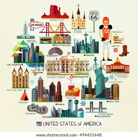 Vector Set of Various United States of America Icons on a Circle Shape.