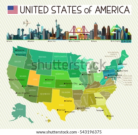 Map of the United States of America and City Icons. USA Map. Vector Illustration.